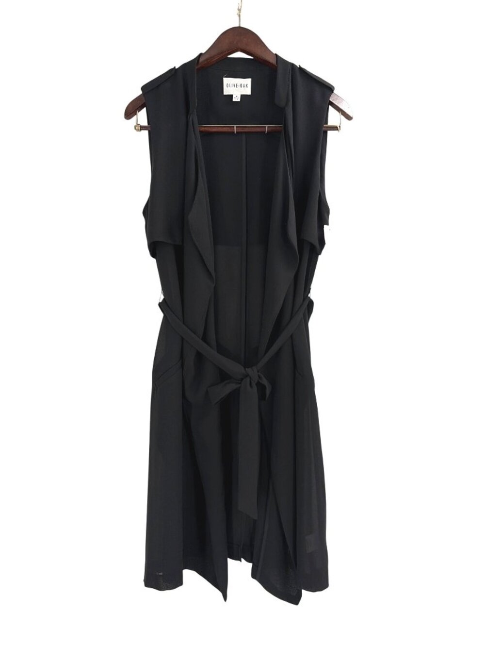 NWT Olive + Oak Womens Medium Drape Open Front Sleeveless Vest Black Belted Chic